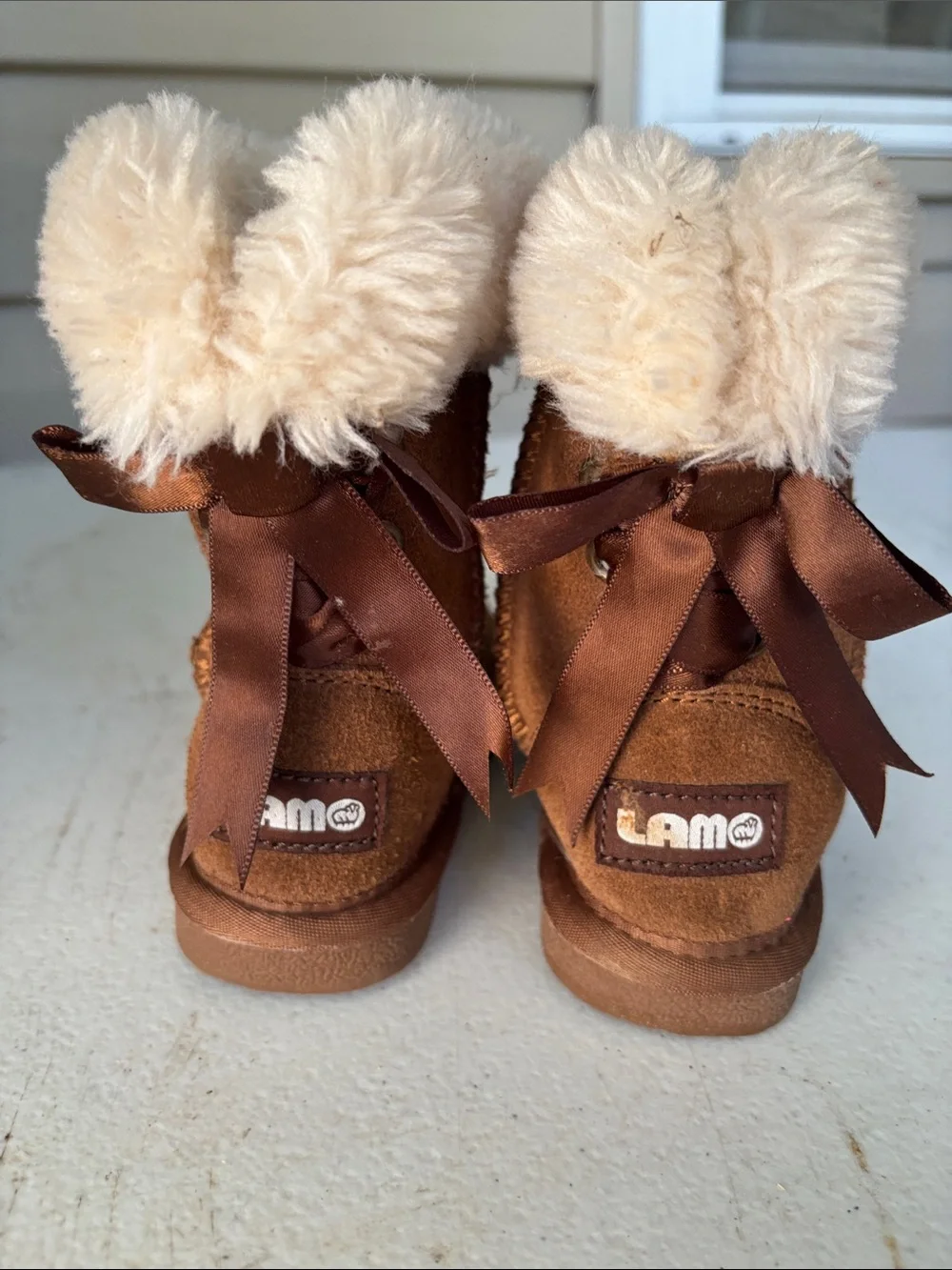Lamo Brown Suede Kids Boots with Cream Faux Fur Cuff